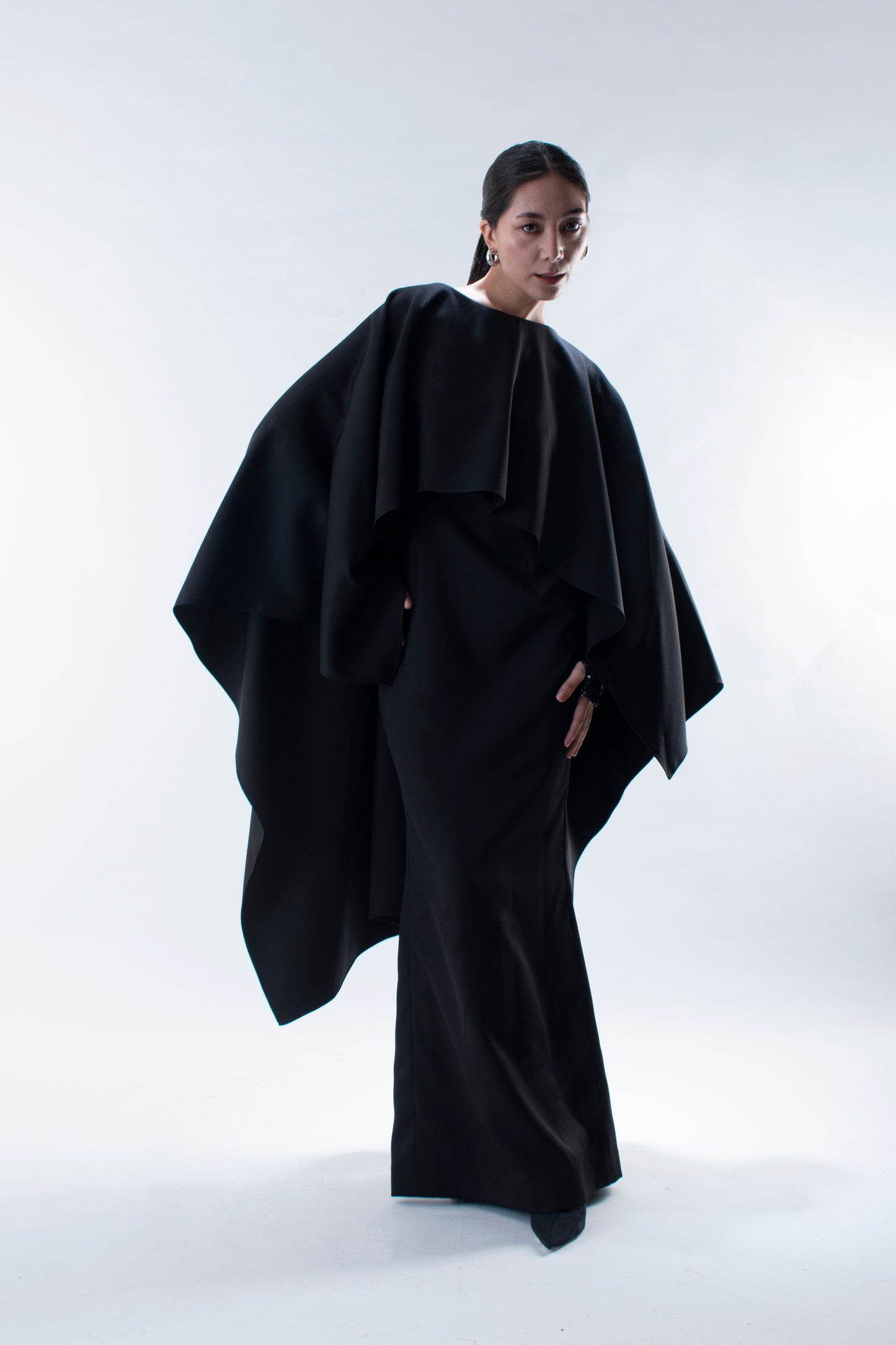 Draped Gown with Sequin Sleeves