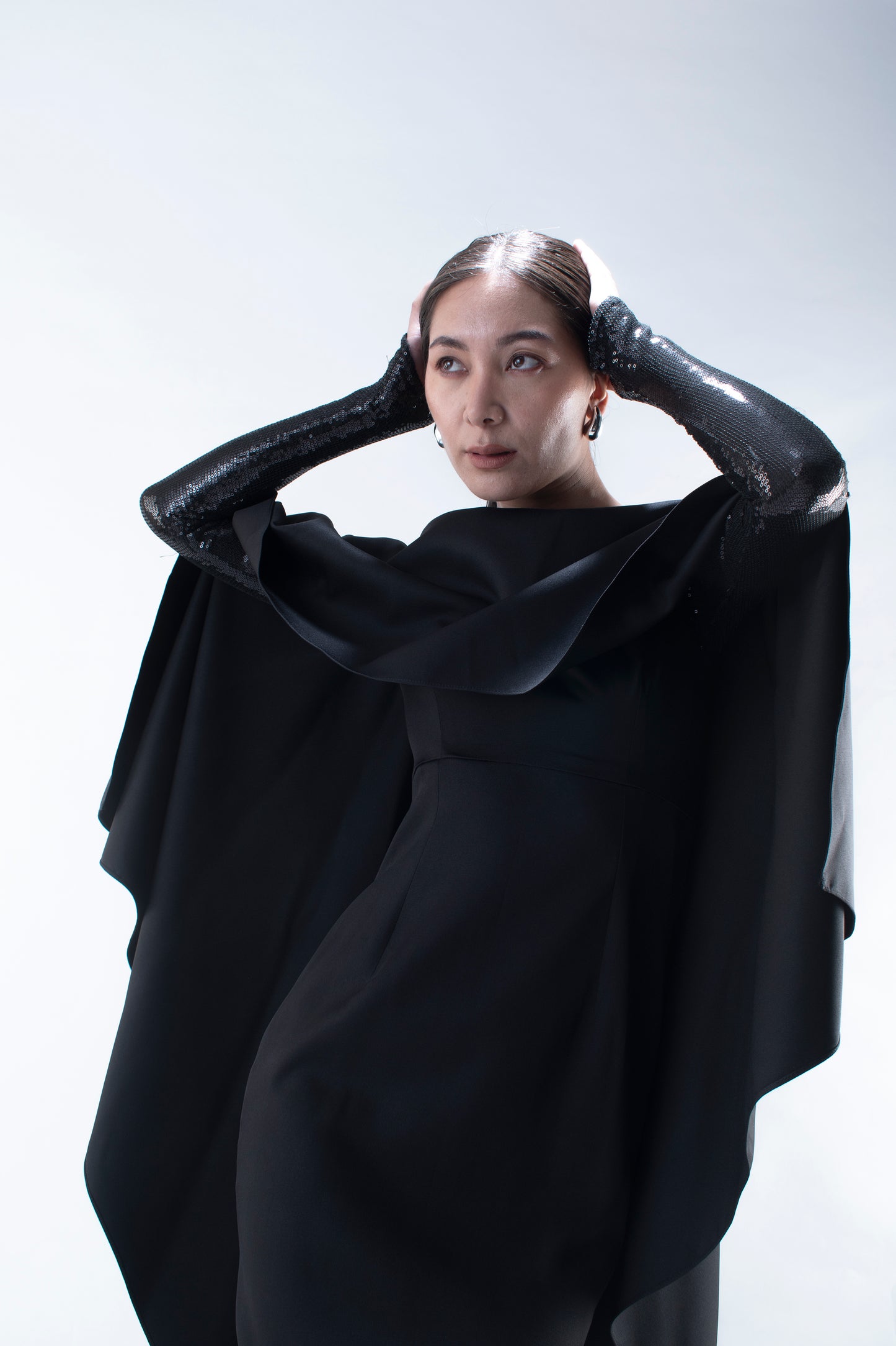Draped Gown with Sequin Sleeves