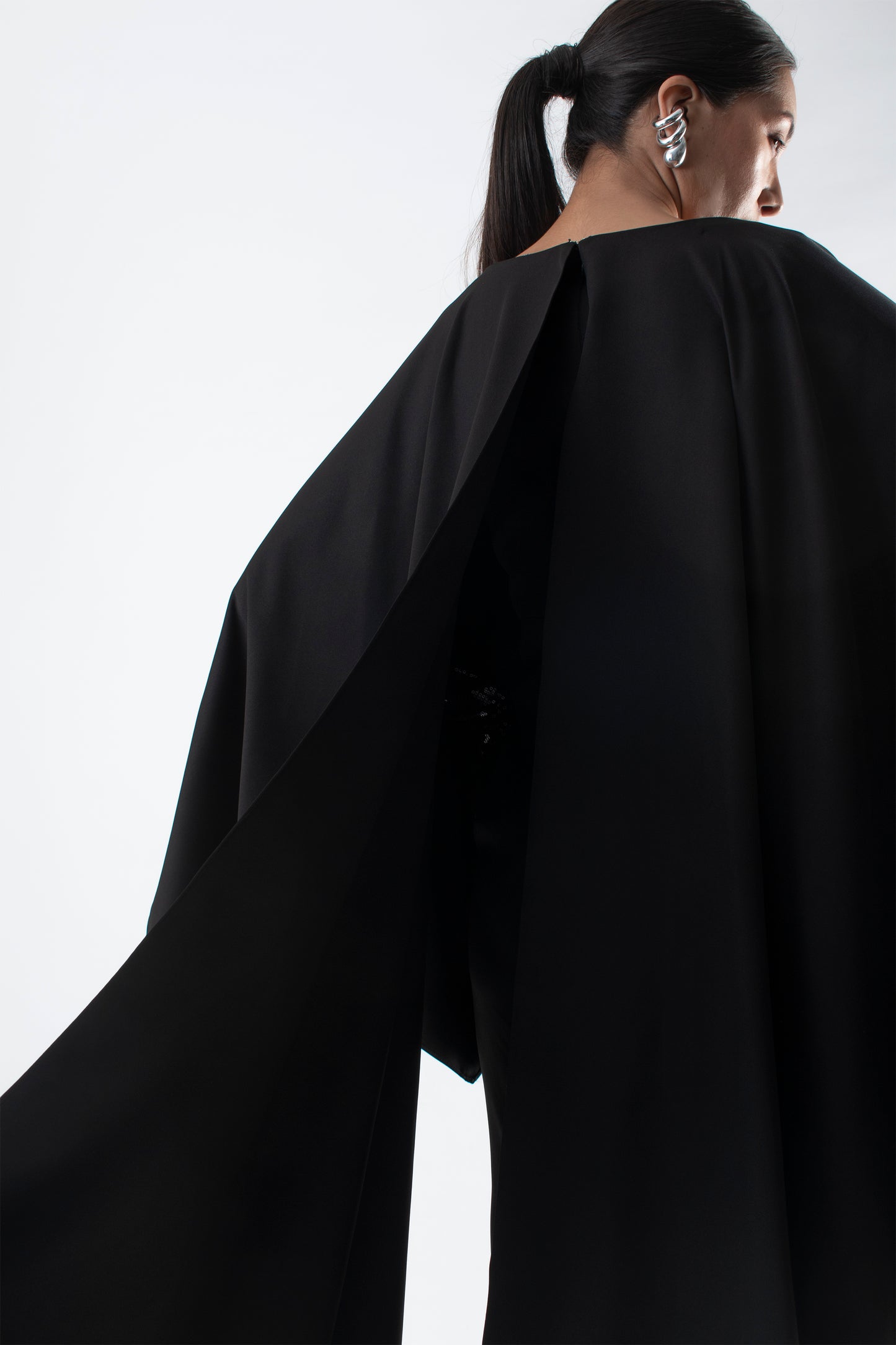 Draped Gown with Sequin Sleeves