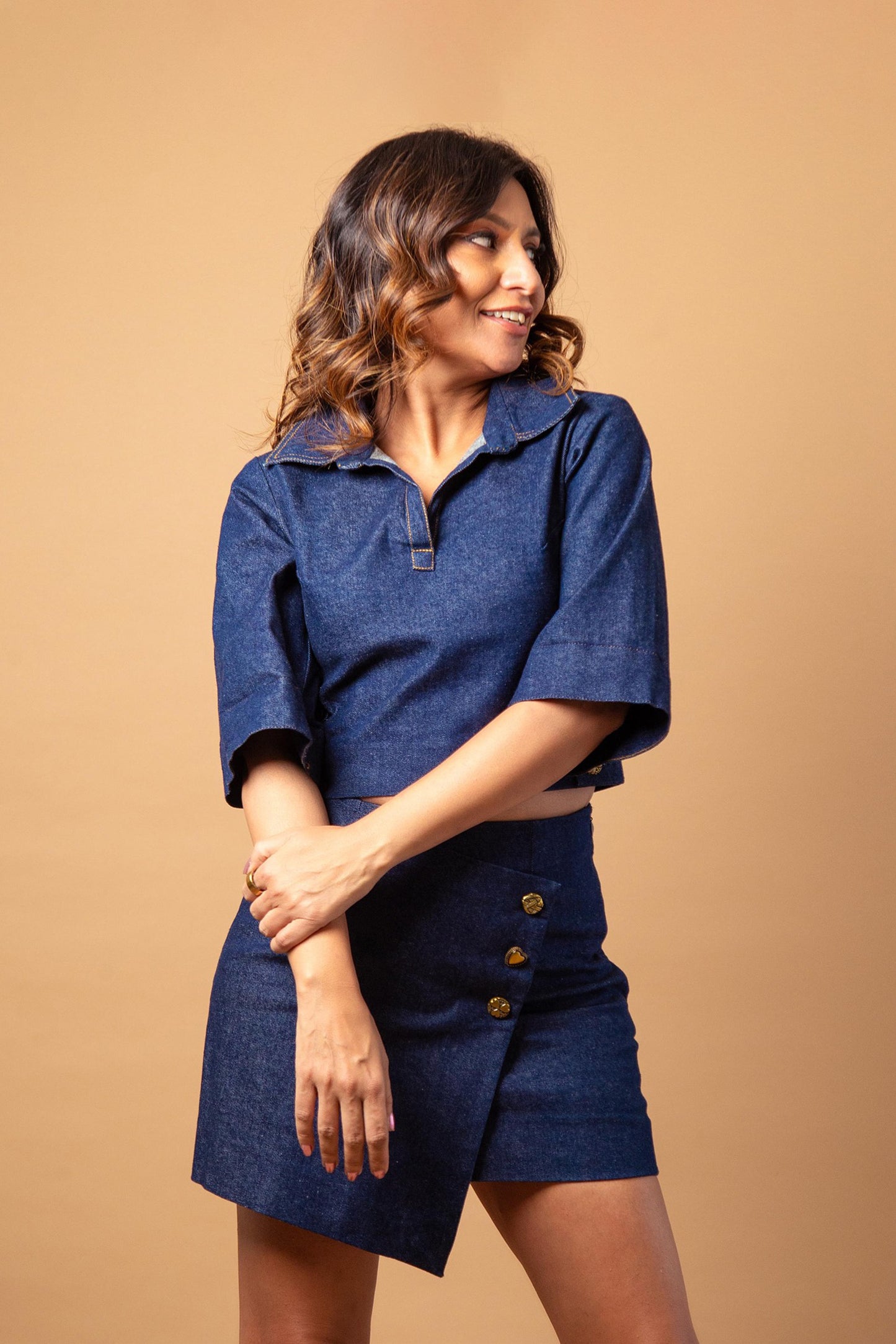 MissMalini in Denim Box Top and Flap Skirt Set