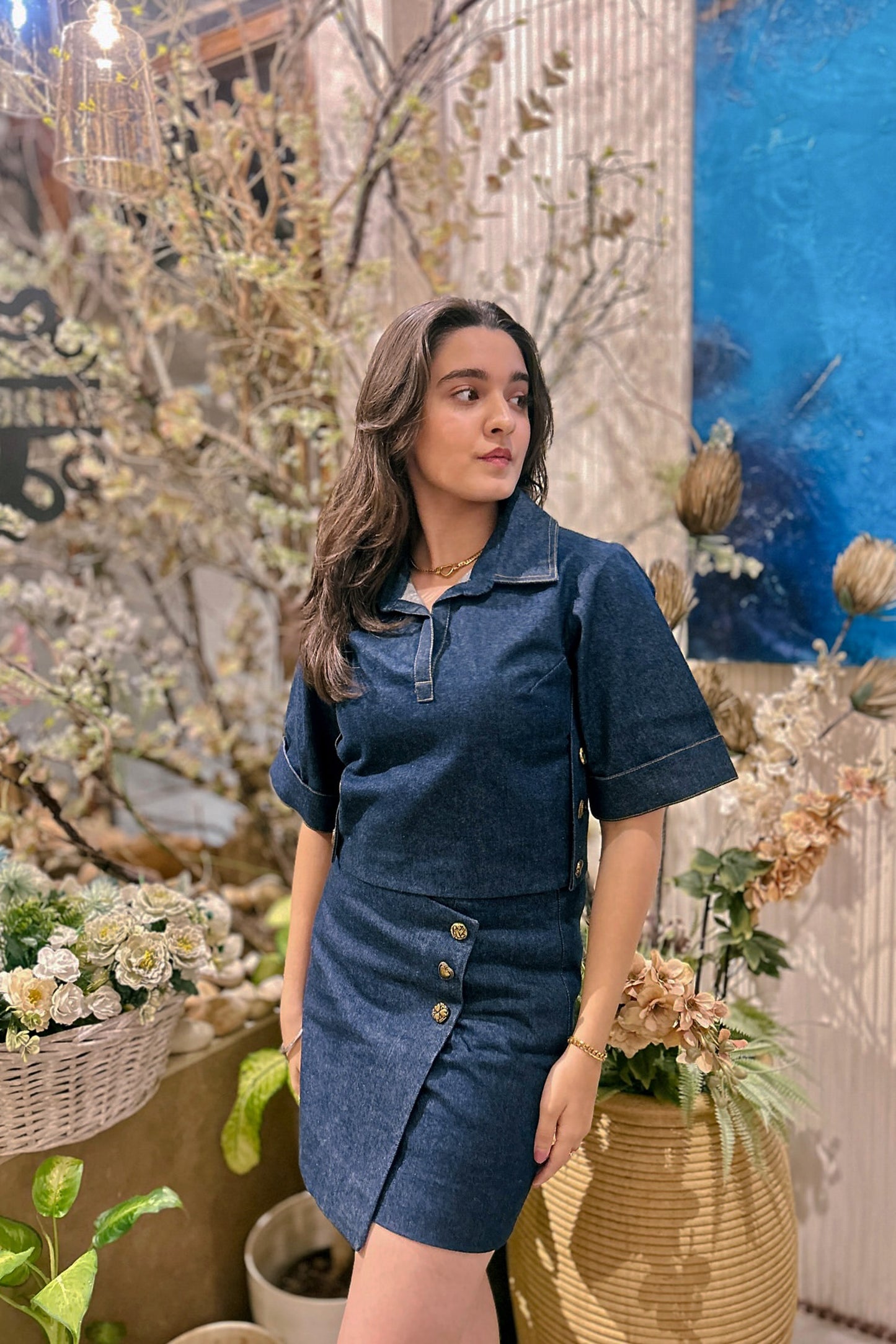Naisha Khanna in Denim Box Top and Flap Skirt Set