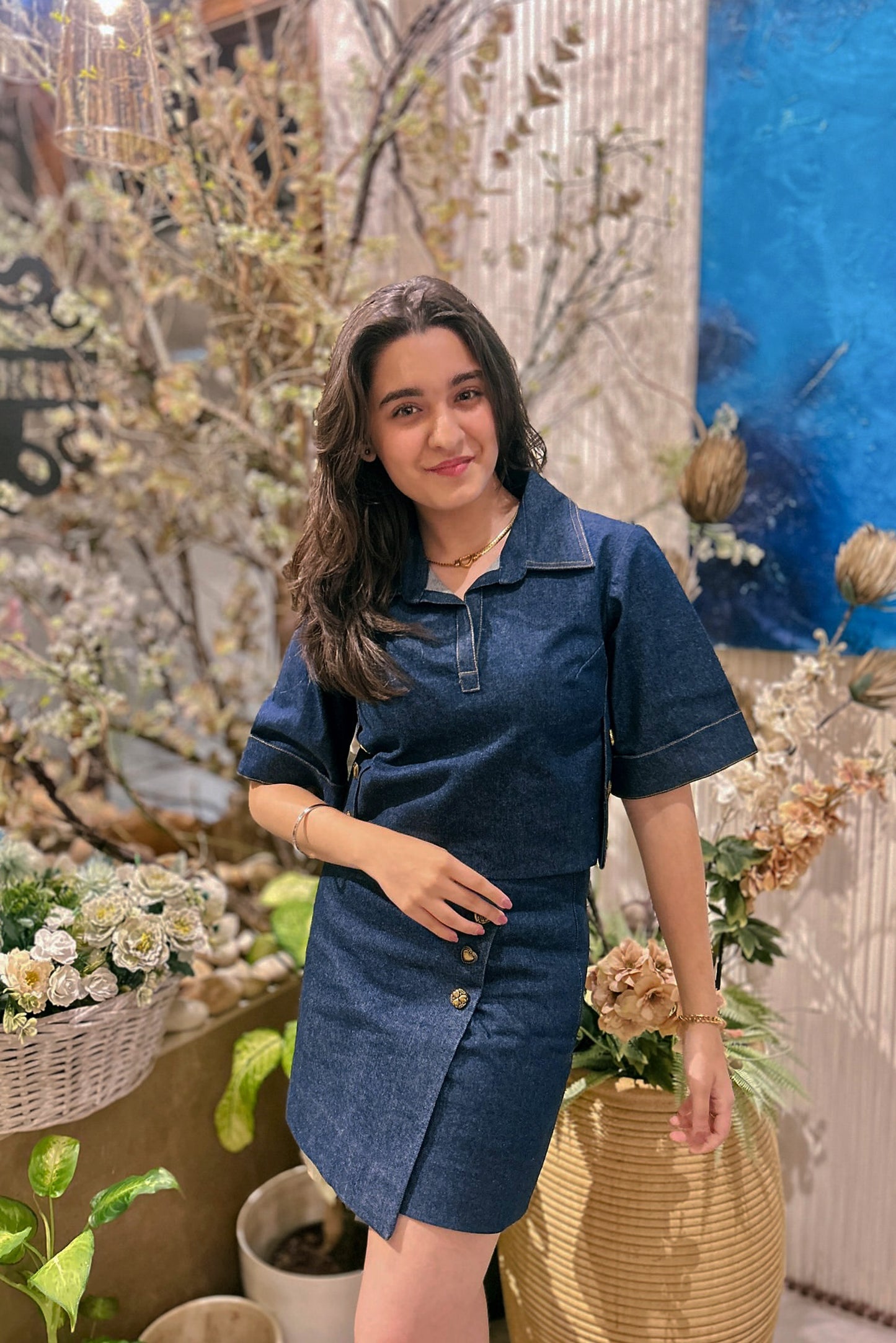 Naisha Khanna in Denim Box Top and Flap Skirt Set