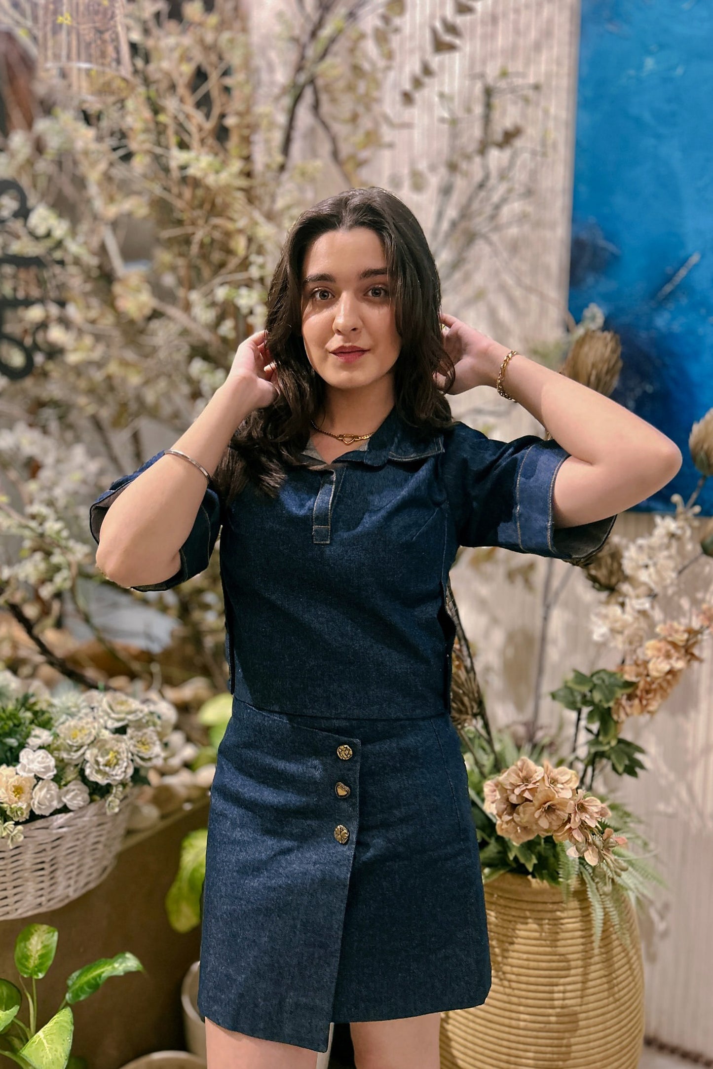 Naisha Khanna in Denim Box Top and Flap Skirt Set