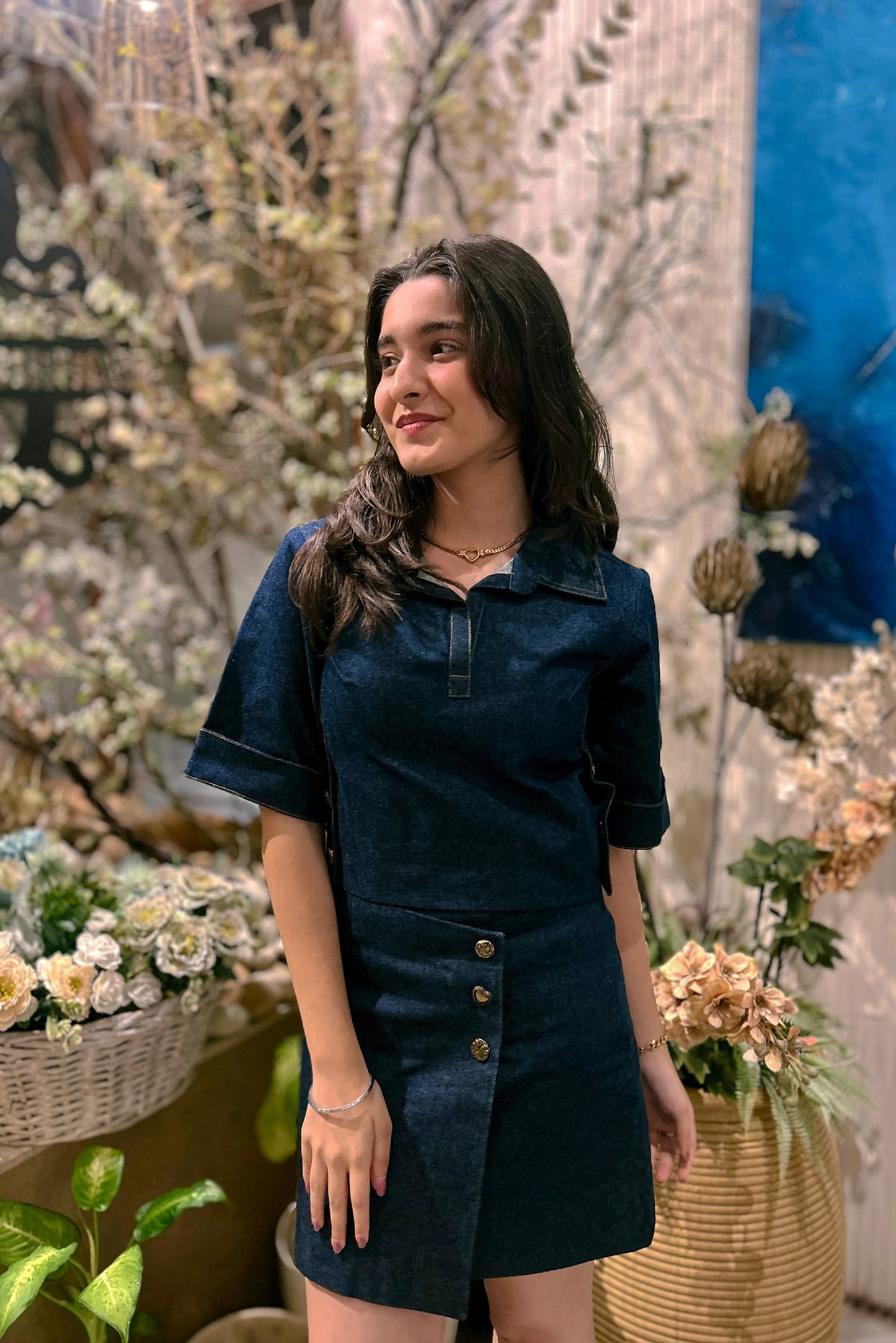 Naisha Khanna in Denim Box Top and Flap Skirt Set