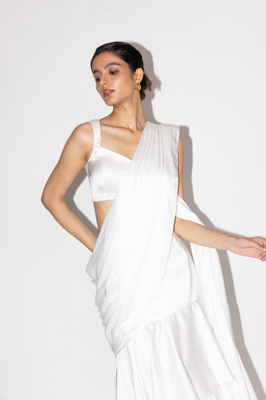 White Tier Saree with Blouse