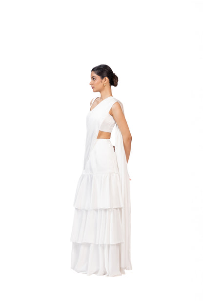 White Tier Saree with Blouse