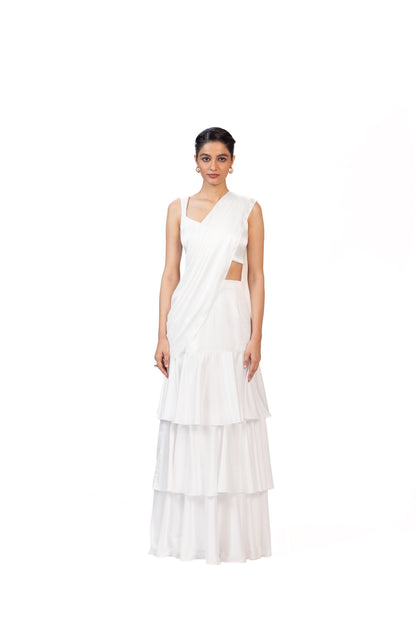 White Tier Saree with Blouse