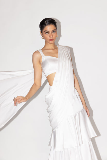 White Tier Saree with Blouse