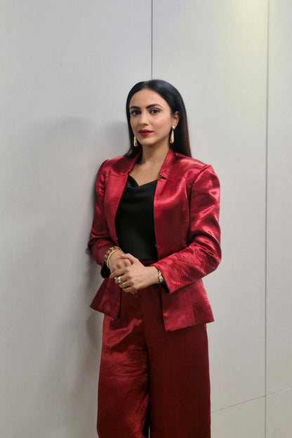 Malika Malhotra in Crimson Split Blazer and Flare Pants