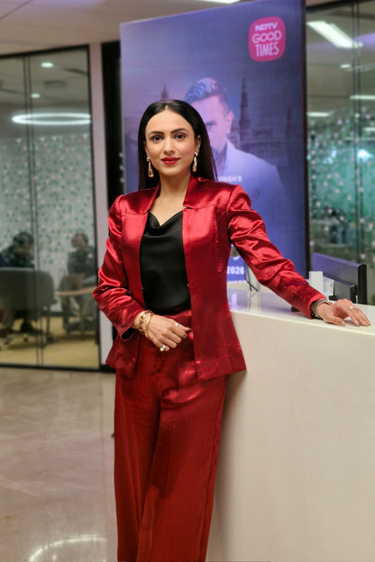 Malika Malhotra in Crimson Split Blazer and Flare Pants