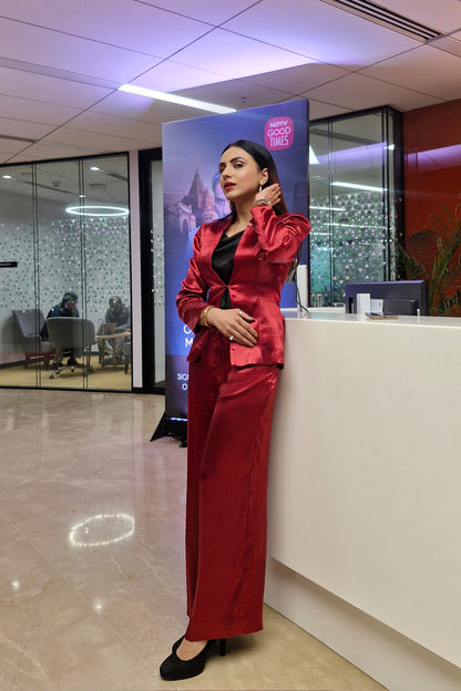 Malika Malhotra in Crimson Split Blazer and Flare Pants
