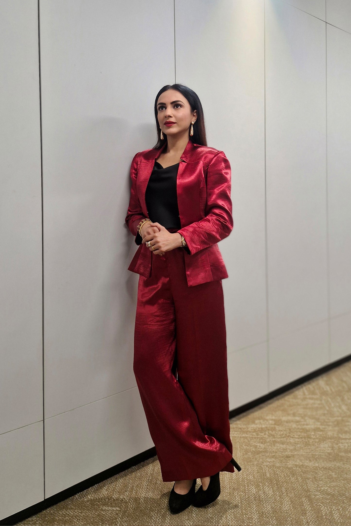Malika Malhotra in Crimson Split Blazer and Flare Pants