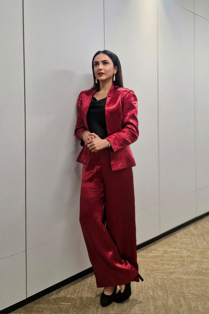 Malika Malhotra in Crimson Split Blazer and Flare Pants