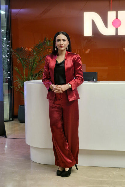 Malika Malhotra in Crimson Split Blazer and Flare Pants